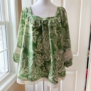 Nicole Miller Blouse Top Linen Blend Balloon Sleeves Green Paisley Plus Size 1X